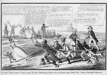 A grand slave hunt, or, Trial of speed for the presidency, between the celebrated nags Black Dan, Lewis Cass, and Haynau, published by T.C., New York, c.1852dani