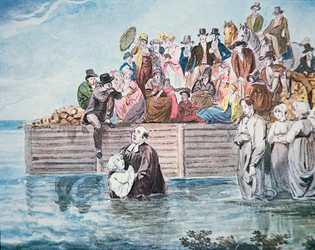 Anabaptister i Philadelphia er vidne til en fuld nedsænkningsdåb i en flod (farve litho)