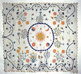 Applikationsdyne med sol, måne, stjerner og Edens have, fra Arkansas, ca. 1850-80 (bomuld)