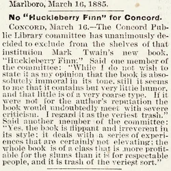 Artikel i Boston Daily Globe om forbud mod Huckleberry Finn i Concord, Massachusetts, fra den 16. marts 1885 (avispapir)