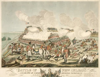 Slaget ved New Orleans og generalmajor Packenhams død den 8. januar 1815, pub. 1815 (farvet gravering)