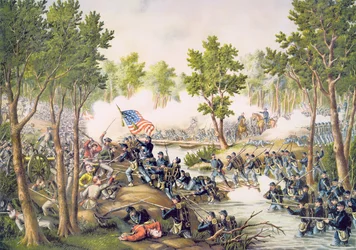 Slaget ved Spottsylvania, maj 1864, indgraveret af Kurz & Allison