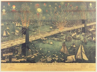 Birds Eye View af Great New York og Brooklyn Bridge og den store fremvisning af fyrværkeri på åbningsaften i 1883