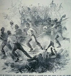 Sorte tropper fra unionshæren bringer tilfangetagne våben under belejringen af Petersborg (1864-65) (litho)