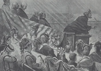 Brigham Young overvåget af sine mange unge hustruer, mens han prædiker i det store Mormon Tabernacle i Utah