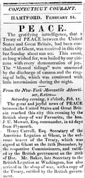 Bredside annoncerer fred mellem USA og Storbritannien efter krigen i 1812, trykt i Connecticut Courant, 1815 (tryk)