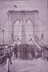 Brooklyn Bridge, præsident Arthur ved åbningsceremonien, 24. maj 1883 (gravering)