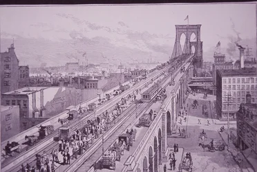 Brooklyn Bridge lige efter åbningsceremonien, offentliggjort 26. maj 1883 (gravering)