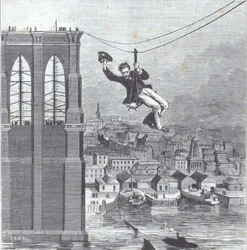 Brooklyn Bridge under opførelse; Hr. Farrington, ledende byggeleder, krydser den første spændvidde mellem de to pyloner den 25. august 1876 (gravering)