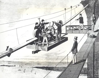 Brooklyn Bridge under opførelse i 1876, fletning af ophængskablerne (gravering)