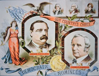 Kampagneplakat for præsidentkandidat Grover Cleveland og vicekammerat, Thomas A. Hendricks (1819-85)