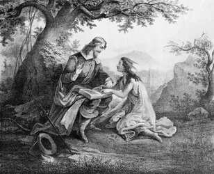 Kaptajn John Smith (1580-1631) lærer Pocohontas (ca. 1595-1617) at læse
