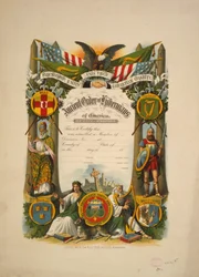 Certifikat for medlemskab i Ancient Order of Hibernians of America, ca. 1894 (farvelitografi)