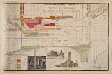 Chicago Terminal Transfer Railroad Co. kort, der viser jernbaners ejendom i Chicagos forretningscentrum, ca. 1898