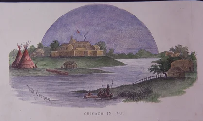 Chicago i 1831, slutningen af det 19. århundrede (farvet gravering)