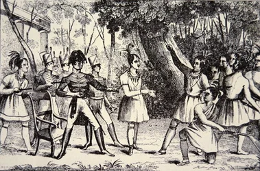 Chief Tecumseh (1768-1813) trodser general Harrison (1773-1841) (gravering)