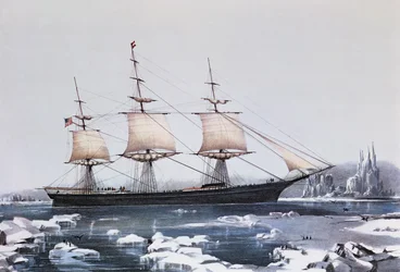 Clipper Ship Red Jacket i isen ud for Kap Horn på sin passage fra Australien til Liverpool, udgivet af Currier und Ives, 1854