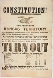Forfatning! Befolkningen i Kansas-territoriet anmodes om at samles..., trykt af E. C. K. Garvey & Co., ca. 23. oktober 1855