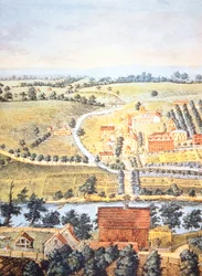 Opdyrket landbrugsland i Pennsylvania i 1750 (farve litho)