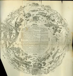 Cyclorama udfoldede kort med detaljer om historien om det store oprør, ca. 1870