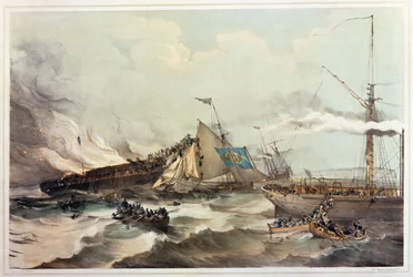Ødelæggelse af emigrantskibet Ocean Monarch, indgraveret af Maclure, 1845