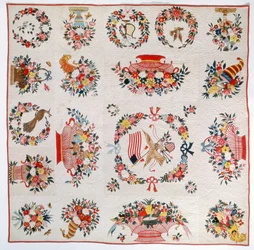 Flag- og blomsterdyne, ca. 1860 (bomuld)