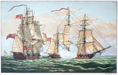 HMS Shannon vs den amerikanske Chesapeake i 1813 under krigen i 1812 (farve litho)