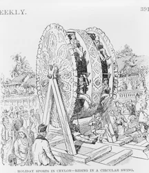 Feriesport i Ceylon, ridning i et cirkulært hjul, ca. 1893 (illustration)