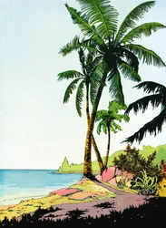 Illustration af strandparadis med palmer