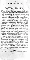 Introduktionsside til The Adventures of Louisa Baker trykt af Luther Wales, New York, 1815