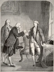 John Adams (1735-1826) som den første amerikanske ambassadør ved det engelske hof, der præsenterede sine akkreditiver til kong George III (1738-1820) (litografi)