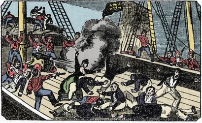 Piratherren Jean Lafittes død (1780-1826), indgravering af "Piratens egen bog" 1837.