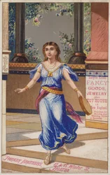 Dame i blå kjole med tamborin