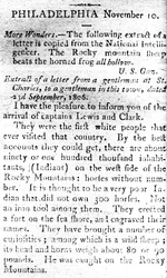 Brev, der annoncerer ankomsten af kaptajnerne Lewis og Clark, fra The Boston Intelligencer, 19. november 1806 (print)