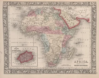 Kort over Afrika, der viser dets seneste opdagelser med øen St. Helena indsat fra Mitchells nye generelle atlas, 1863 (farvegravering)