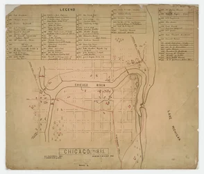 Kort over historiske huse og steder i Chicago, Illinois, ca. 1835