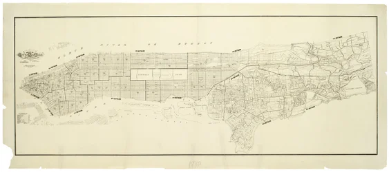 Kort over byen New York, lavet under ledelse af kommissærerne for Metropolitan Fire Department, der viser placeringen af bygninger i besiddelse og brug af Metropolitan Fire Department og Metropolitan Police Department