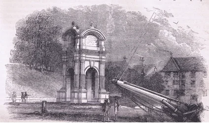 Monument i New Plymouth for at markere stedet for pilgrimsfædrenes landgang, illustration fra Cassell