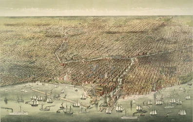 Panoramaudsigt over byen Chicago, pub. 1892 (farvelitografi)