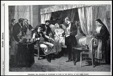 Udførelse af operationen af transfusion af blod på Hospital of Pity, Paris, Frankrig, illustration fra den amerikanske videnskabsmand