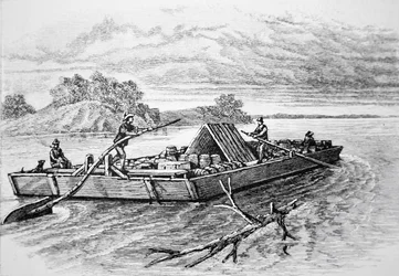 Pioneer fladbåd på Mississippi-floden, ca. 1840 (gravering)