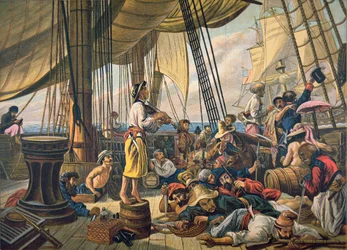 Pirater, der forsøger at forhindre et skib fra den amerikanske flåde ved at udgive sig for at være et uskyldigt handelsskib (farve litho)