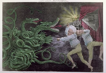 Politisk quixotisme: Den diplomatiske Hercules angriber den politiske hydra, udgivet af Bisbee, ca. 1833