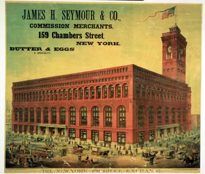 Plakat, der reklamerer for James H. Seymour & Co. Commission Merchants på New York Produce Exchange, indgraveret af Sacket, Wilhelms og Betzig, ca. 1885