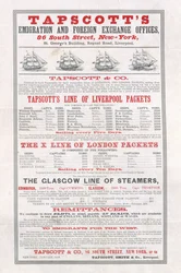 Plakatannoncering Tapscotts Emigration and Foreign Exchange Offices, New York, januar 1859
