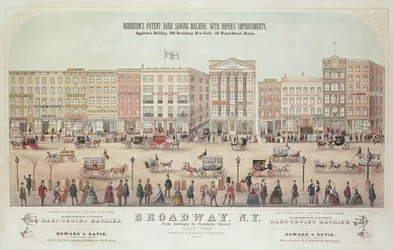 Plakat med udsigt over Broadway, fra Anthony til Franklin Street, der reklamerer for Robinsons Patent Hand Sewing Machine, 1855