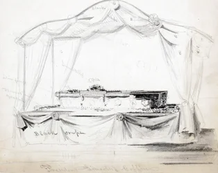 Præsident Abraham Lincolns kiste ligger i staten i Det Hvide Hus, Washington D.C., april 1865 (blyant, blæk og vask på papir)