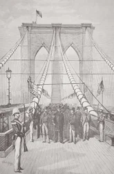 Præsident Chester A. Arthur ved åbningsceremonien for den nye Brooklyn Bridge, 24. maj 1883 (litho)