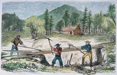Prospektører ved hjælp af en sluse under guldfeberen i Californien i 1849 (farve litho)