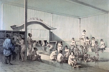 Offentligt bad i Simoda, 1856 (farvet akvatint)